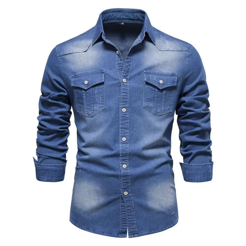 Camisa de Algodão Denim Elástico AIOPESON para Homens: Camisas de Cowboy de Manga Longa de Qualidade para Homens - MultiStore