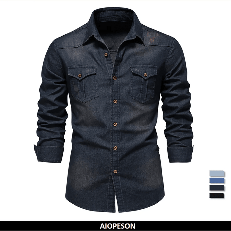 Camisa de Algodão Denim Elástico AIOPESON para Homens: Camisas de Cowboy de Manga Longa de Qualidade para Homens - MultiStore