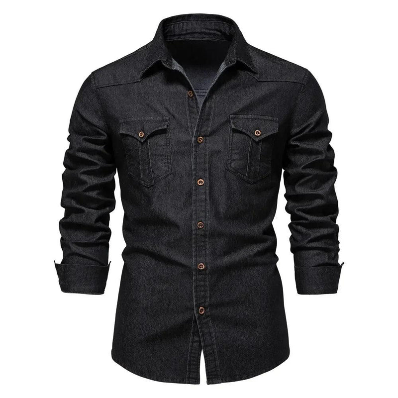 Camisa de Algodão Denim Elástico AIOPESON para Homens: Camisas de Cowboy de Manga Longa de Qualidade para Homens - MultiStore