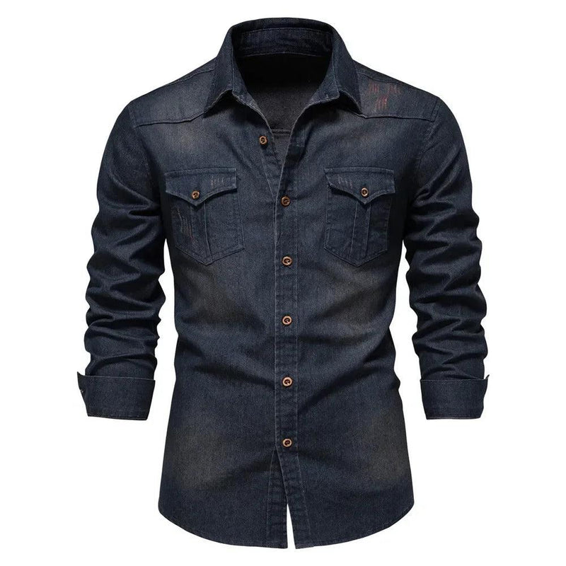 Camisa de Algodão Denim Elástico AIOPESON para Homens: Camisas de Cowboy de Manga Longa de Qualidade para Homens - MultiStore